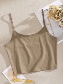 INAWLY 素色短版吊帶上衣 - 卡其色 - 查看 1