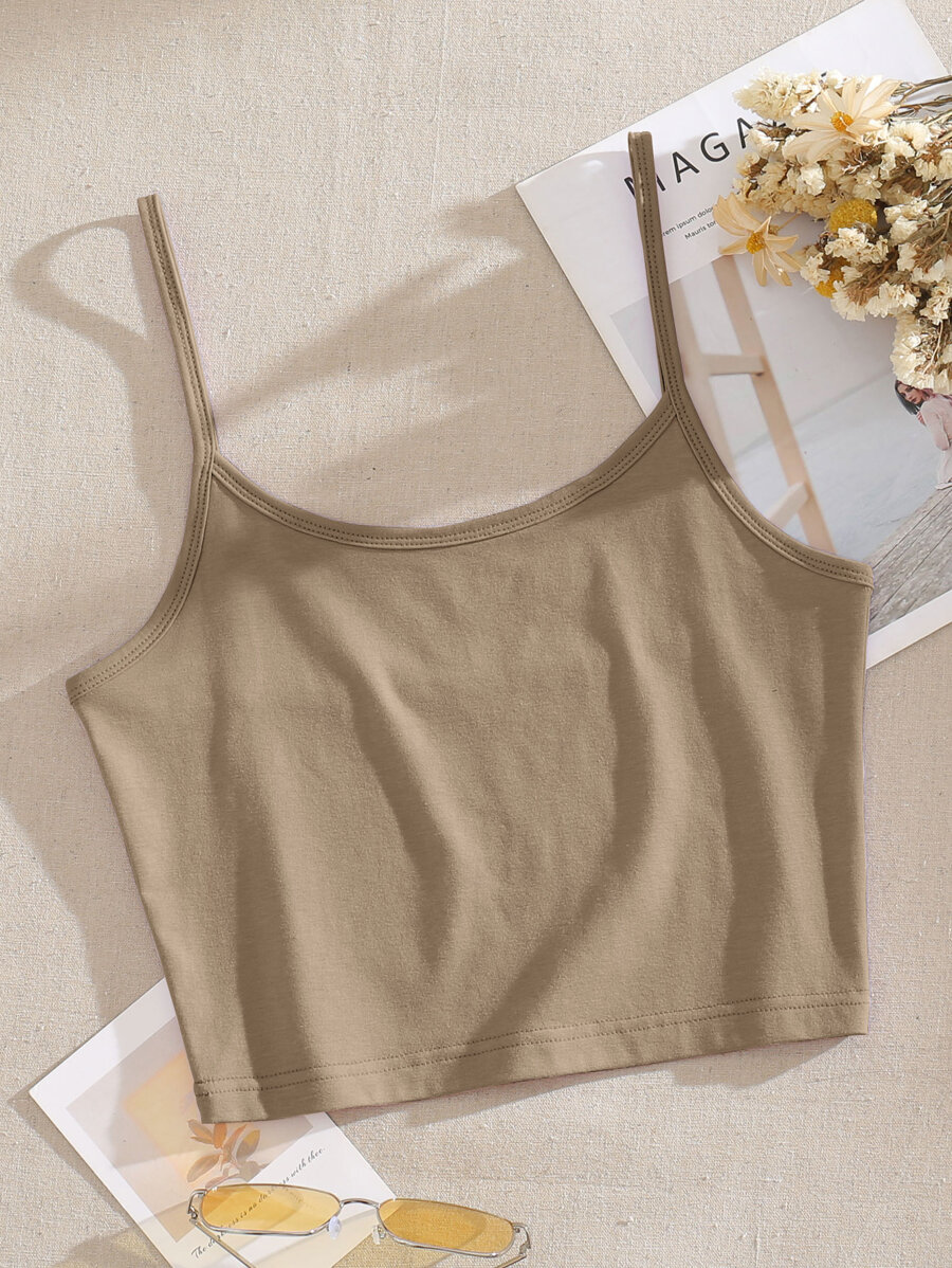 INAWLY 素色短版吊帶上衣 - 卡其色 - 查看 1