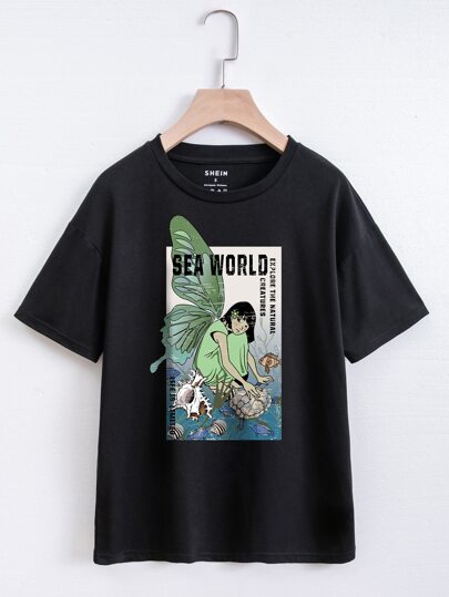 تيشيرت منخفض الاكتاف بجرافيك شعار وشخصية