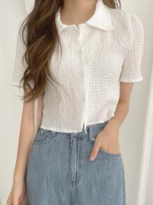 DAZY Textured Puff Sleeve Shirt - White - View 1