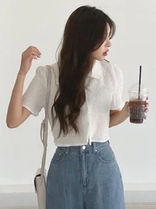 DAZY Textured Puff Sleeve Shirt - White - View 5