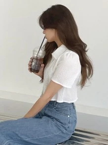 DAZY Textured Puff Sleeve Shirt - White - View 7