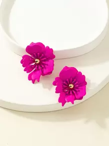 花朵設計耳釘 - 玫紅色 - 查看 1