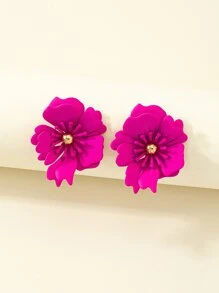 花朵設計耳釘 - 玫紅色 - 查看 2