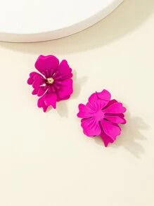 花朵設計耳釘 - 玫紅色 - 查看 4