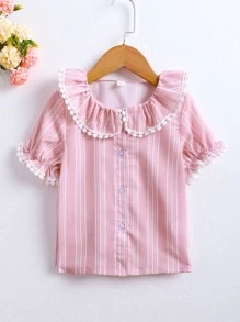 小女童條紋圖案娃娃領泡泡袖上衣 - 粉色 - 查看 1