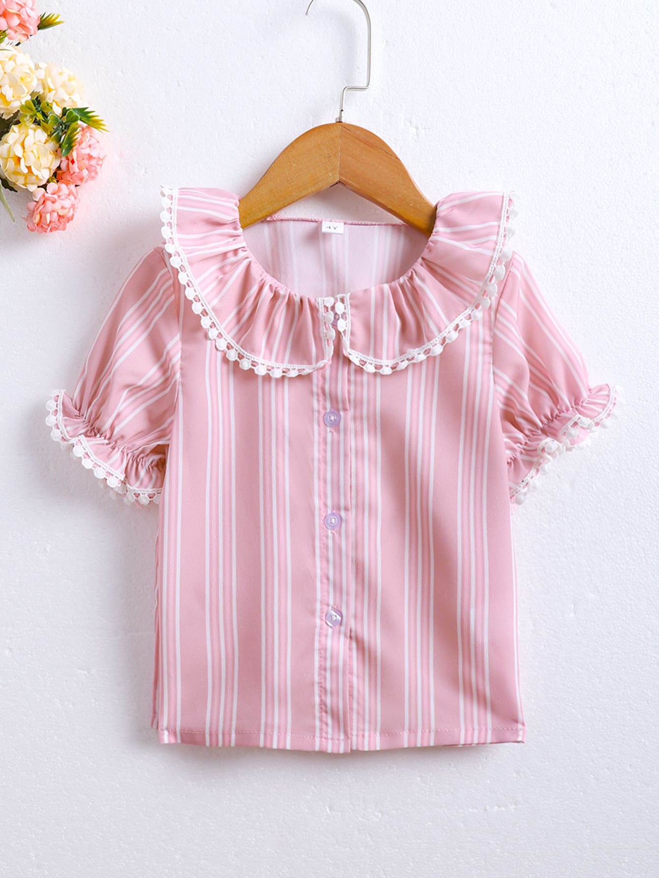 小女童條紋圖案娃娃領泡泡袖上衣 - 粉色 - 查看 1