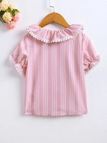 小女童條紋圖案娃娃領泡泡袖上衣 - 粉色 - 查看 2
