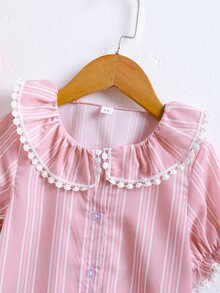 小女童條紋圖案娃娃領泡泡袖上衣 - 粉色 - 查看 3