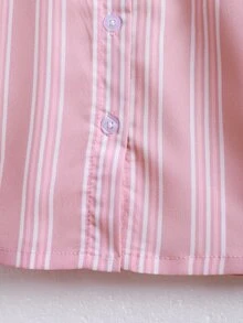 小女童條紋圖案娃娃領泡泡袖上衣 - 粉色 - 查看 5