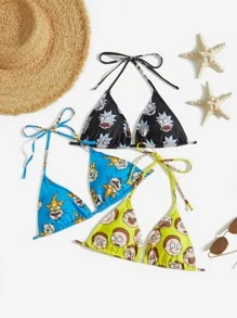 Rick and Morty | ROMWE 3 piezas Top bikini halter con estampado de dibujos animados triángulo - Multicolor - Ver 3