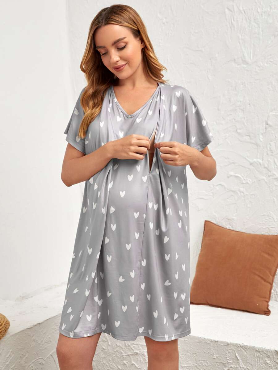 SHEIN Vestido de noche de lactancia con mangas murciélago y diseño de corazones para mujeres embarazadas - Gris - Ver 1