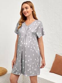 SHEIN Vestido de noche de lactancia con mangas murciélago y diseño de corazones para mujeres embarazadas - Gris - Ver 3