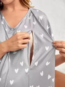 SHEIN Vestido de noche de lactancia con mangas murciélago y diseño de corazones para mujeres embarazadas - Gris - Ver 6