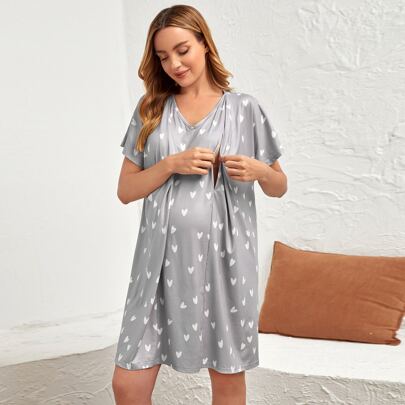 Maternity Heart Print Batwing Sleeve Nursing Nightdress For Mother
