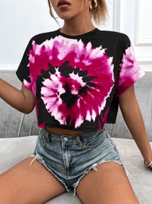 Tie Dye Batwing Sleeve Crop Tee - Black - View 1