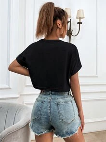 Tie Dye Batwing Sleeve Crop Tee - Black - View 2