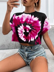 Tie Dye Batwing Sleeve Crop Tee - Black - View 3