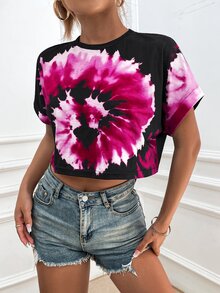 Tie Dye Batwing Sleeve Crop Tee - Black - View 4