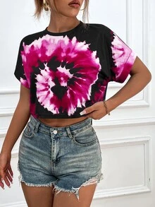 Tie Dye Batwing Sleeve Crop Tee - Black - View 6