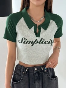 DAZY Letter Graphic Polo Neck Contrast Raglan Sleeve Crop Tee - Multicolor - View 1
