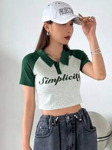 DAZY Letter Graphic Polo Neck Contrast Raglan Sleeve Crop Tee - Multicolor - View 4