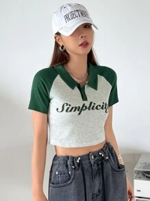 DAZY Letter Graphic Polo Neck Contrast Raglan Sleeve Crop Tee - Multicolor - View 5