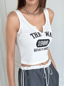 DAZY Letter Graphic Notched Neckline Tank Top - White - View 2