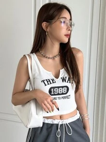 DAZY Letter Graphic Notched Neckline Tank Top - White - View 3