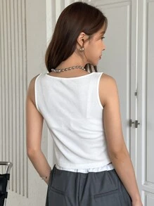 DAZY Letter Graphic Notched Neckline Tank Top - White - View 5