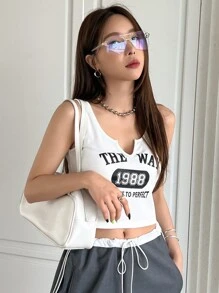 DAZY Letter Graphic Notched Neckline Tank Top - White - View 7