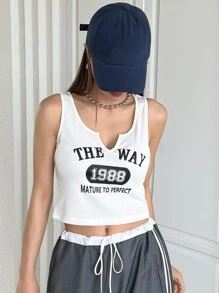 DAZY Letter Graphic Notched Neckline Tank Top - White - View 8