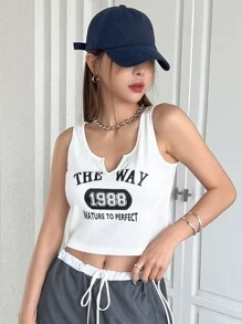 DAZY Letter Graphic Notched Neckline Tank Top - White - View 9