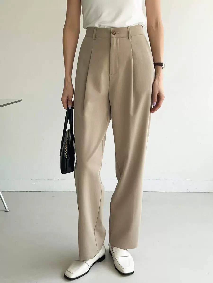 DAZY Quần âu nữ cạp cao xếp ly không thắt lưng - Màu Khaki - Xem 1