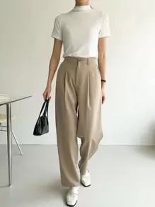 DAZY Quần âu nữ cạp cao xếp ly không thắt lưng - Màu Khaki - Xem 3