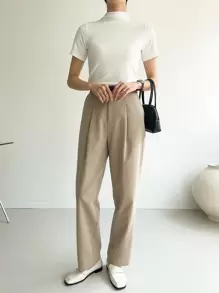 DAZY Quần âu nữ cạp cao xếp ly không thắt lưng - Màu Khaki - Xem 5