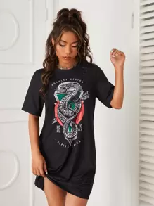 Vecster Snake & Slogan Graphic Ripped Tee Dress - Black - View 1