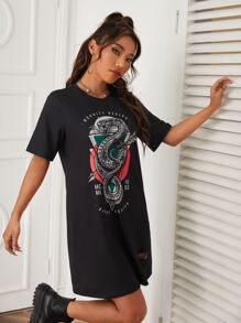Vecster Snake & Slogan Graphic Ripped Tee Dress - Black - View 4