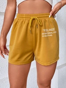 SHEIN Unity Drawstring Waist Slogan Graphic Track Shorts - Mustard Yellow - View 3