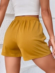 SHEIN Unity Drawstring Waist Slogan Graphic Track Shorts - Mustard Yellow - View 2
