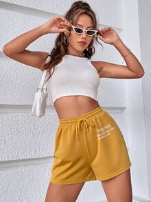SHEIN Unity Drawstring Waist Slogan Graphic Track Shorts - Mustard Yellow - View 4