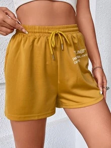 SHEIN Unity Drawstring Waist Slogan Graphic Track Shorts - Mustard Yellow - View 5