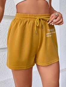 SHEIN Unity Drawstring Waist Slogan Graphic Track Shorts - Mustard Yellow - View 6