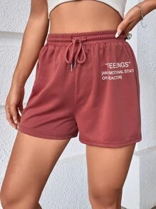 SHEIN Unity Drawstring Waist Slogan Graphic Track Shorts - Redwood - View 4