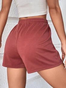 SHEIN Unity Drawstring Waist Slogan Graphic Track Shorts - Redwood - View 2