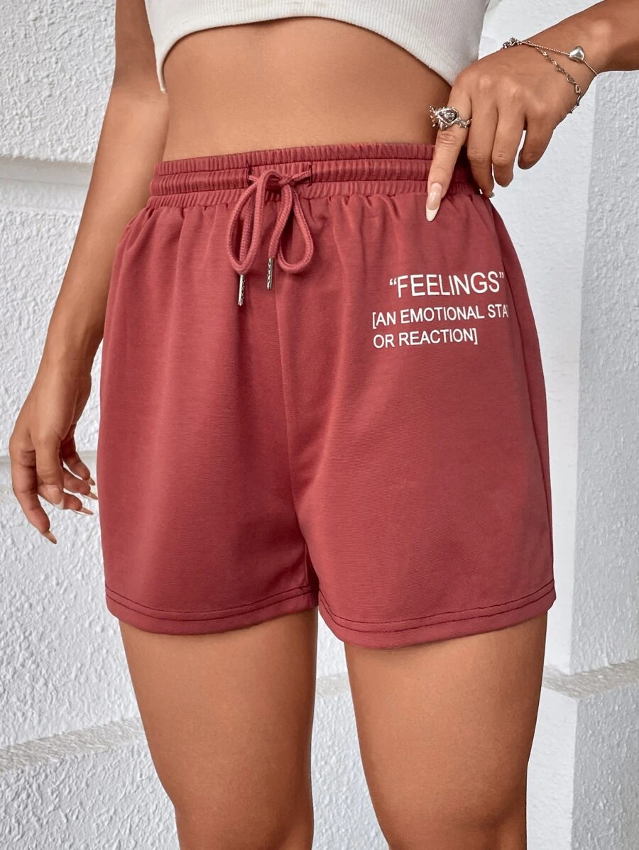 SHEIN Unity Drawstring Waist Slogan Graphic Track Shorts - Redwood - View 1