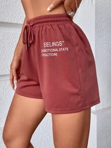 SHEIN Unity Drawstring Waist Slogan Graphic Track Shorts - Redwood - View 7