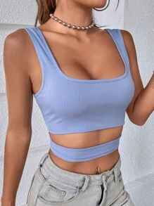 SHEIN Top tank tejido de canalé con abertura - Azul - Ver 4