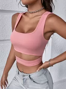 SHEIN Áo hai dây Cắt ra Gân đan màu trơn Gợi cảm - Màu Hồng baby - Xem 5