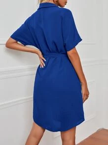 SHEIN LUNE Dolman Sleeve Belted Shirt Dress - Royal Blue - View 2